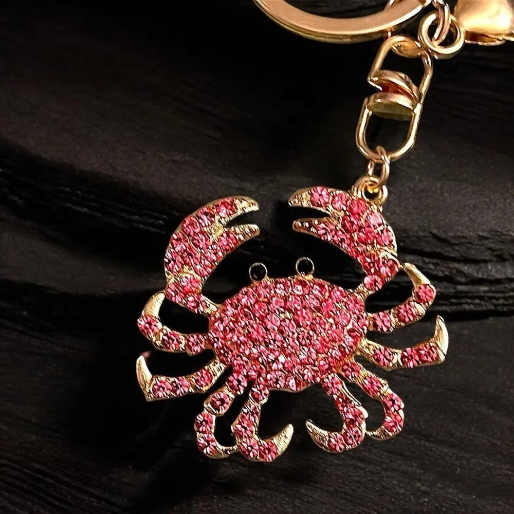 Crab Pink Rhinestone Gold Tone Keychain NWT
